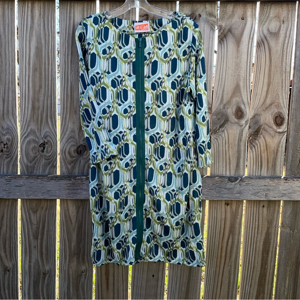 Vanessa Foglia Women’s Dress Size L Blue Green Geometric Zip Cotton Blend Italy